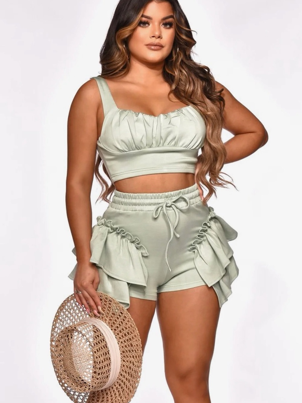 Sage Ruffle Two-Piece Crop Top & Shorts Set